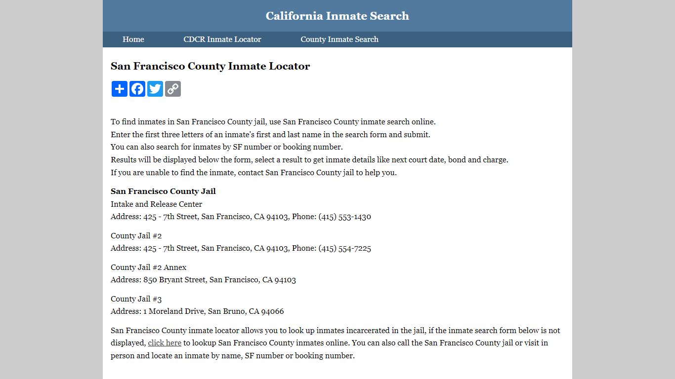San Francisco County Inmate Locator